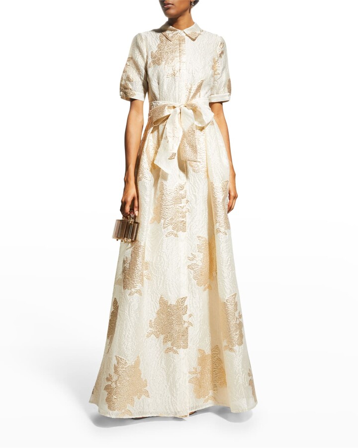 Rickie Freeman For Teri Jon ElbowSleeve Textured Jacquard Shirt Gown