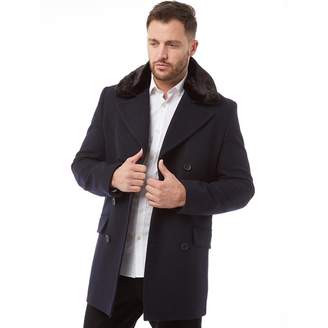 French Connection Mens Double Breasted Fur Lined Coat Marine