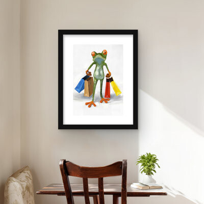 Lark Manor Funny Frog with Shopping Bags - Scenic Reptile Framed Print