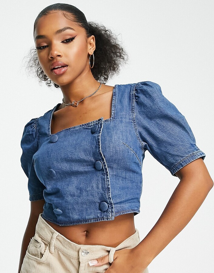 Urban Revivo denim shirt with puff sleeves in light wash blue - ShopStyle  Tops