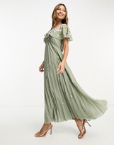 Thumbnail for your product : ASOS DESIGN v-neck angel sleeve pleat midi dress with all over embroidery in khaki