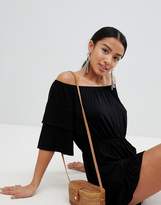 Thumbnail for your product : ASOS Petite DESIGN Petite Off Shoulder Jersey Romper with Frill Hem