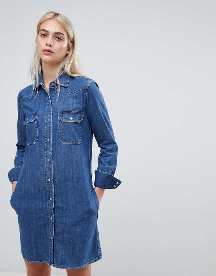 Calvin Klein Christiane western denim shirt dress - ShopStyle