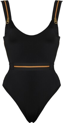 ASOS DESIGN lattice strap swimsuit with high leg in black