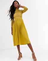 Thumbnail for your product : Little Mistress Tall midi length long sleeve lace dress in mustard