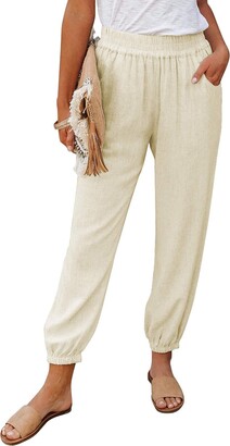 ROSKIKI Womens Soft Boho Linen Solid Jogger Pants Drawstring Pockets Lounge  Pants Bottom Khaki Medium - ShopStyle
