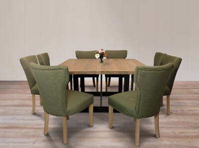 MOTI Furniture Logan 9-piece Dining Set With 8 Jill Dining Chairs In Green Fabric