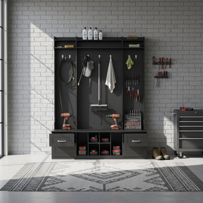 Lark Manor 5-in-1 Garage Storage Cabinet with Bench, Coat Rack, and Drawers, Organizer for Entryway or Garage, White