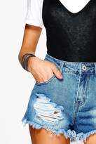 Thumbnail for your product : boohoo Distressed High-Cut Denim Hotpants