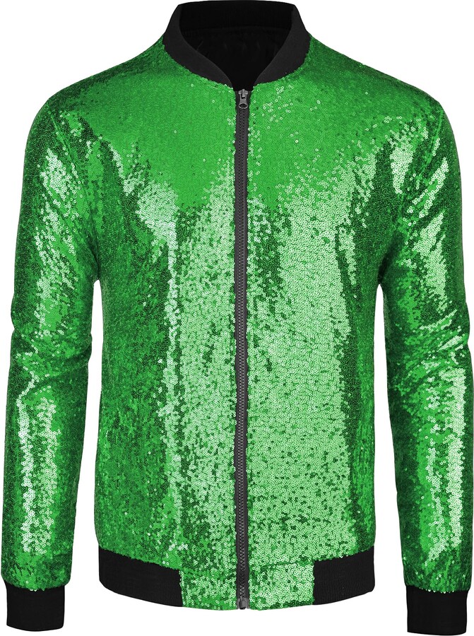 Lars Amadeus Men's Sequin Varsity Jacket Long Sleeve Zipper Glitter Sequins Bomber Jacket Light