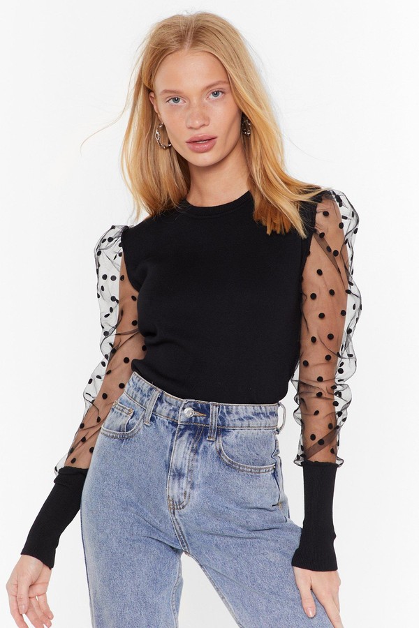 black mesh polka dot top