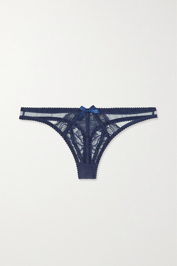 Womens Clothing Lingerie Knickers and underwear Agent Provocateur Rozlyn Lace-trimmed Tulle And Satin Thong in Blue 