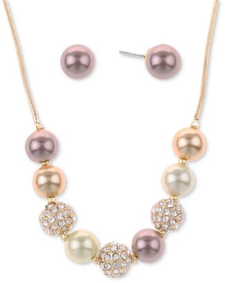 Charter Club Gold-Tone Pave Fireball & Colored Imitation Pearl Statement Necklace & Stud Earrings Set, Created for Macy's