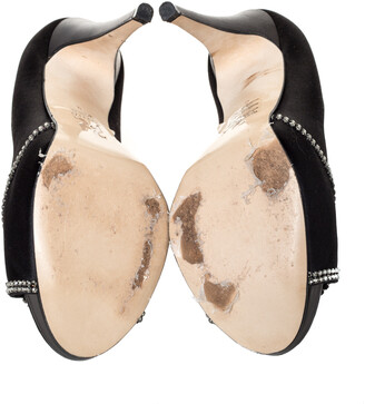 Gina Black Satin Crystal Embellished Platform Peep Toe Pumps Size 39