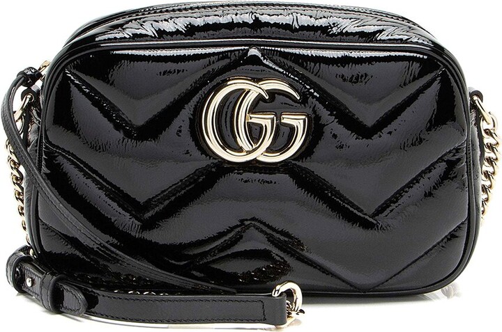 Gucci Black Matelasse Patent Leather Padded Gg Marmont Small Camera Bag (Authentic Pre-Loved)