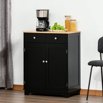 Latitude Run Sideboard Cabinet - Black With Solid Wood Worksurface For Home Storage. 2 Drawers, Adjustable Shelf, Convenient Countertop. Shelf Easy Storage