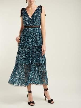 Self-Portrait Sequinned Tiered Tulle Midi Dress - Womens - Blue