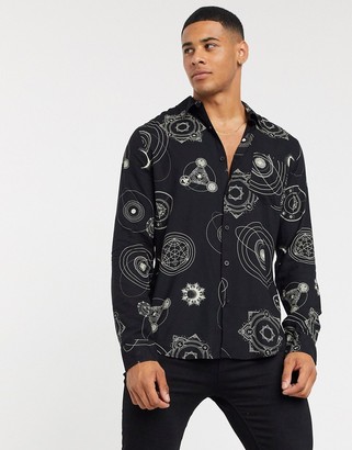 New Look long sleeve cosmic zodiac print shirt in black