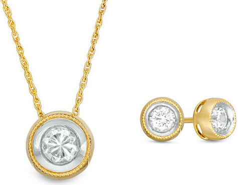 Zales Lab-Created White Sapphire Solitaire Vintage-Style Pendant and Stud Earrings Set in Sterling Silver and 14K Gold Plate