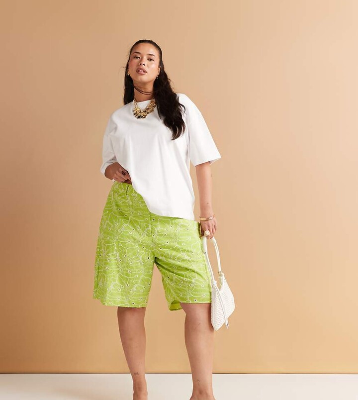 ASOS Curve ASOS DESIGN Curve bermuda shorts with all over embroidery in lime