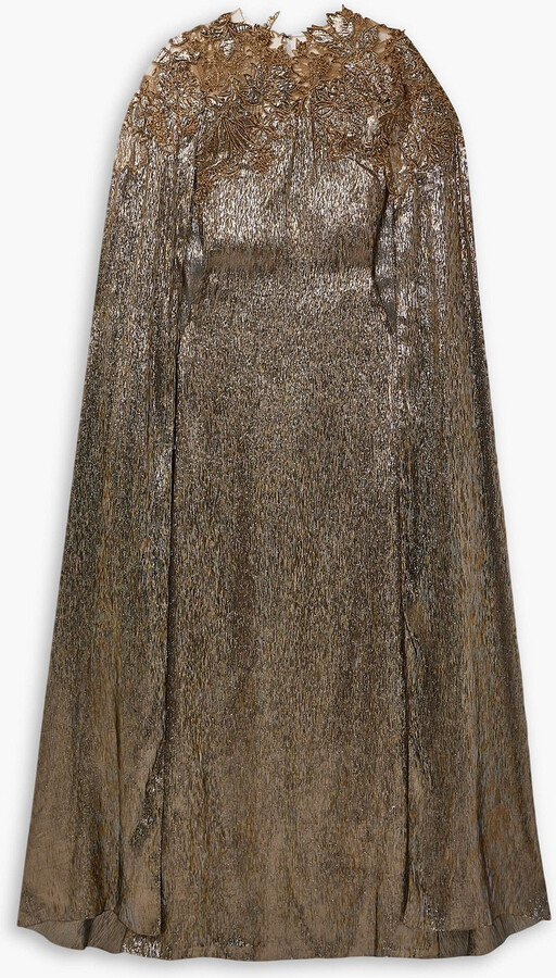 Oscar de la Renta Cape-effect embellished embroidered tulle-trimmed silk-blend lamé gown
