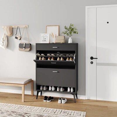 16 Pair Shoe Storage Cabinet With 2 Flip Drawers,farmhouse Shoe Cabinet For Entryway