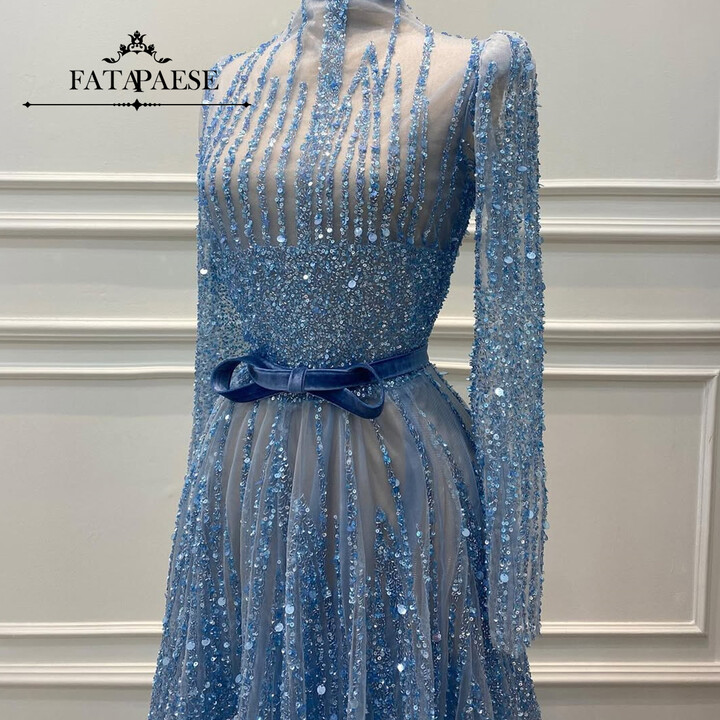 FATAPAESE Customized Zircon Beading Evening Dresses Sheer-neckl Velvet Belt Long Sleeve Maxi Empire A-line Skirt Prom Ball Dress