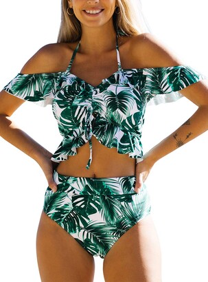 DOULAFASS RXRXCOCO Womens Bandeau Ruffled Bikini Set Off Shoulder Smocked Swimsuit Bathing Suit
