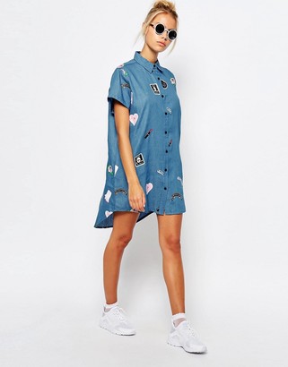 Lazy Oaf Longline Denim Shirt With All Over Patched Print