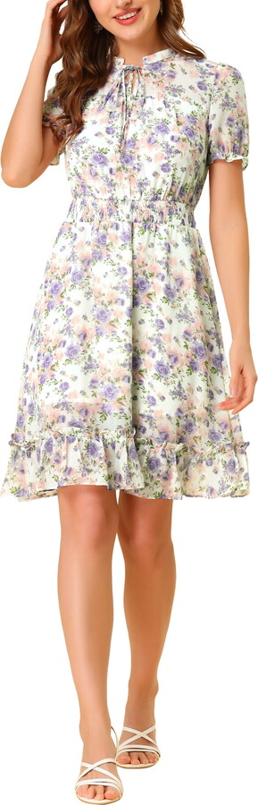 Unique Bargains Juniors Floral Ruffle Hem Short Sleeve A-Line Smocked Chiffon Dress