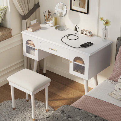 Elegant Vanity Makeup Table Chair Set, Modern Dressing Table With Organizer, Writing Desk, Charging Port, White