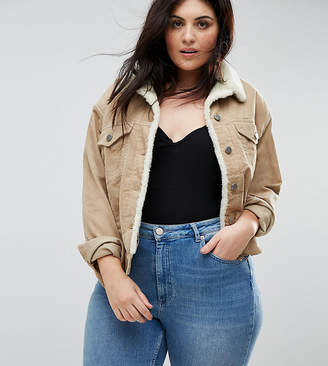 ASOS Curve Cord Jacket With Borg Collar In Stone