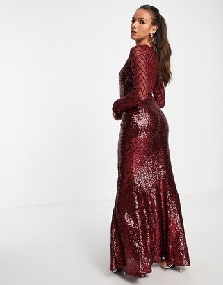 Goddiva long sleeve sequin maxi dress with fishtail in wine