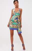 Thumbnail for your product : PrettyLittleThing Cobalt Satin Scarf Print Wrap Print Bodycon Dress