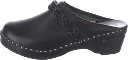 Newbar K Leather Mules Blue Round-Toes with Studded Accents Platform Unfortunately, due to restrictions, this item may not be eligible for shipping in all areas. | NewbarK Leather Studded Accents Mules in Blue, Women's 8.5