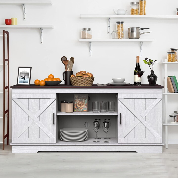 DEXTRUS Farmhouse Storage Buffet Cabinet, 59.5" Coffee Bar Sideboard with Barn Door for Living Room, Entryway, Grey White