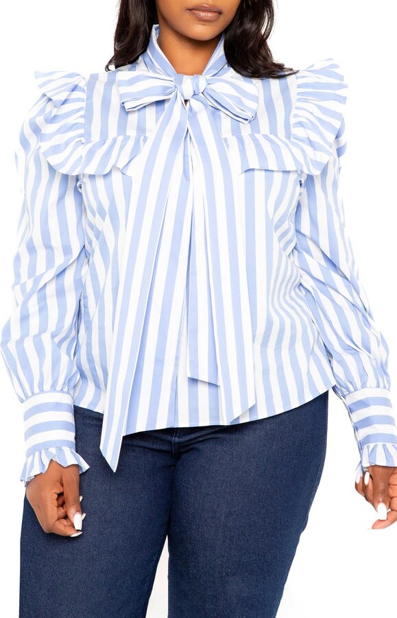 Stripe Ruffle Bow Neck Shirt
