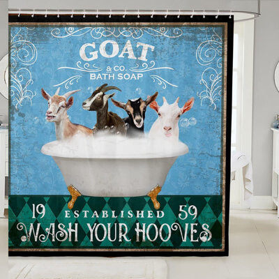 Zoomie Kids Retro Farmhouse Goat Shower Curtain - Vintage Animal Design for Kids' Bathroom, Blue Green Geometric Pattern, 72x84