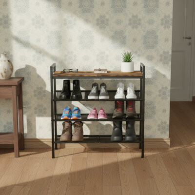 Rebrilliant Front Door Entry Metal Shoe Rack, 4-Tier Height-Adjustable With Hooks, Wooden Top & Tilting Steel Frame Fits Multiple Places