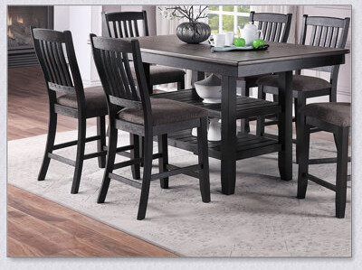 Hokku Designs Transitional Dining Room 7pc Set Dark Coffee Rubberwood Dining Table w Shelf and 6x Side Chairs