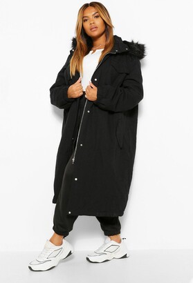 boohoo Plus Longline Faux Fur Trim Parka Coat