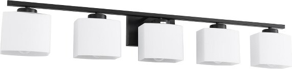 DORESshop40in.5-LightMatteBlackModernSquareVanityLightwithMilkWhiteShadesKDWallLampforBathroomLivingRoom