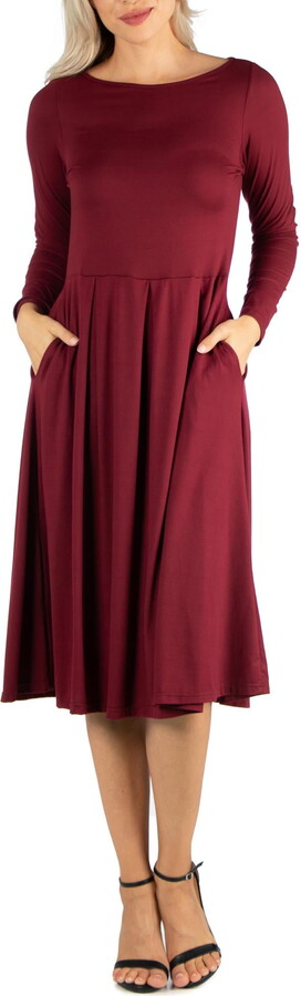 24/7 Comfort Apparel Women’s Midi Length Fit N Flare Pocket Dress