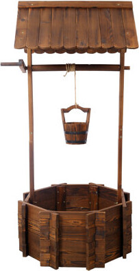 August Grove Rustic Wooden Wishing Well Planter Outdoor Home Décor For Patio Garden Yard W/Hanging Bucket