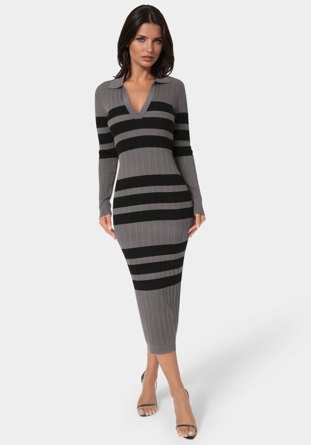 Bebe Women's Long Sleeve Collar Striped Knit Dress
