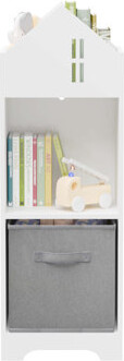Kids Dollhouse Bookcase with Storage, 2-Tier Storage Display Organizer, Toddler Bookshelf with Collapsible Fabric Drawers for Bedroom or Playroom (Whi