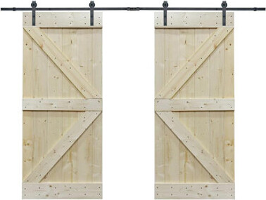 Calhome Paneled Wood Unfinished Knotty Barn Door with Installation Hardware Kit