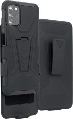 Nakedcellphone Black Rugged Case Stand and Belt Clip Holster for Samsung Galaxy A02s Phone
