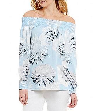Calvin Klein Spaced Floral Print Matte Jersey Off-The-Shoulder Smocked Top