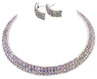 Christina Collection Elegant Three Row Aurora Borealis Rhinestone Choker Necklace with Matching Pierced Earrings in Silver-Tone